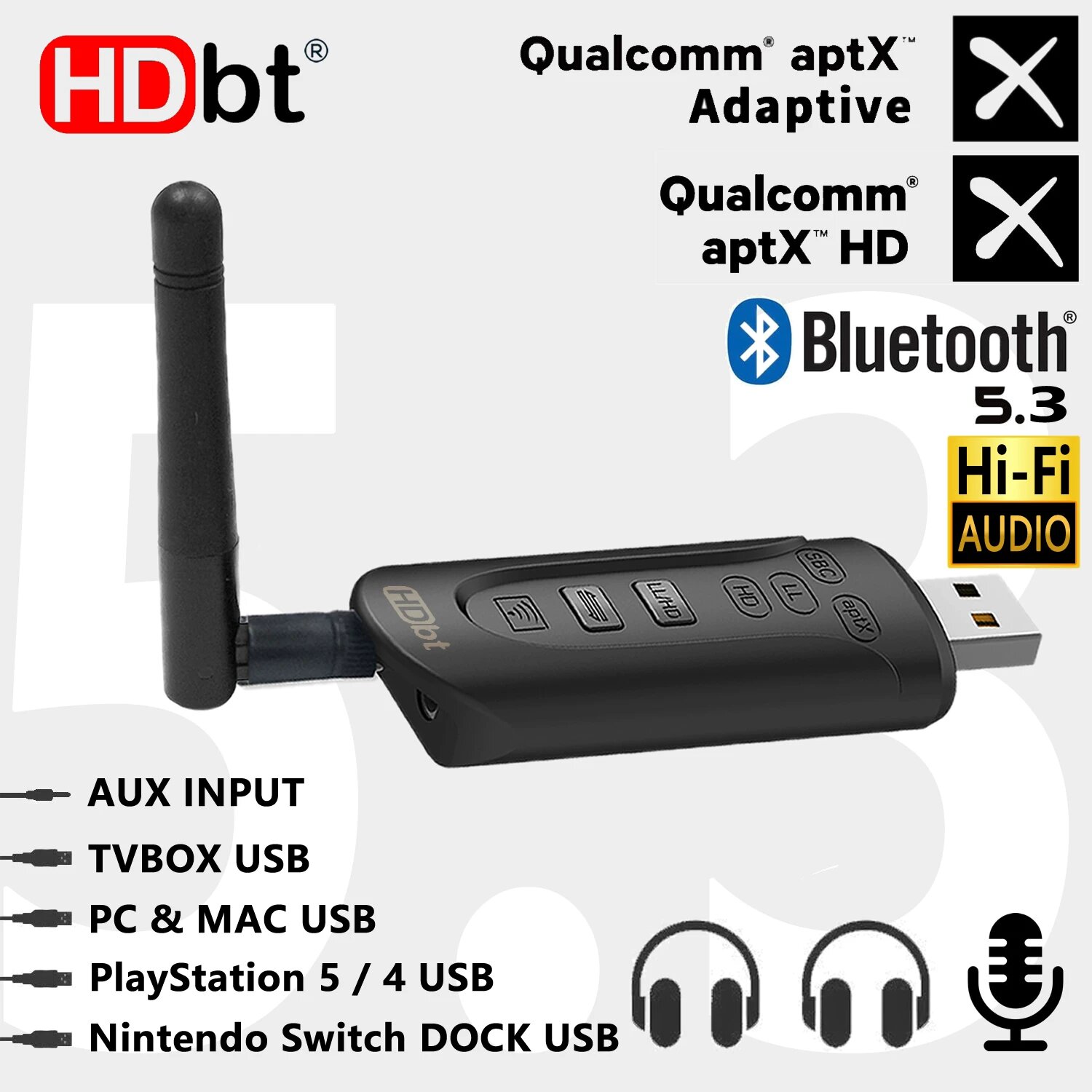 Bluetooth 5.3 аудио передатчик с Adaptive APTX HD LL для USB, низкая задержка, модель B52AD