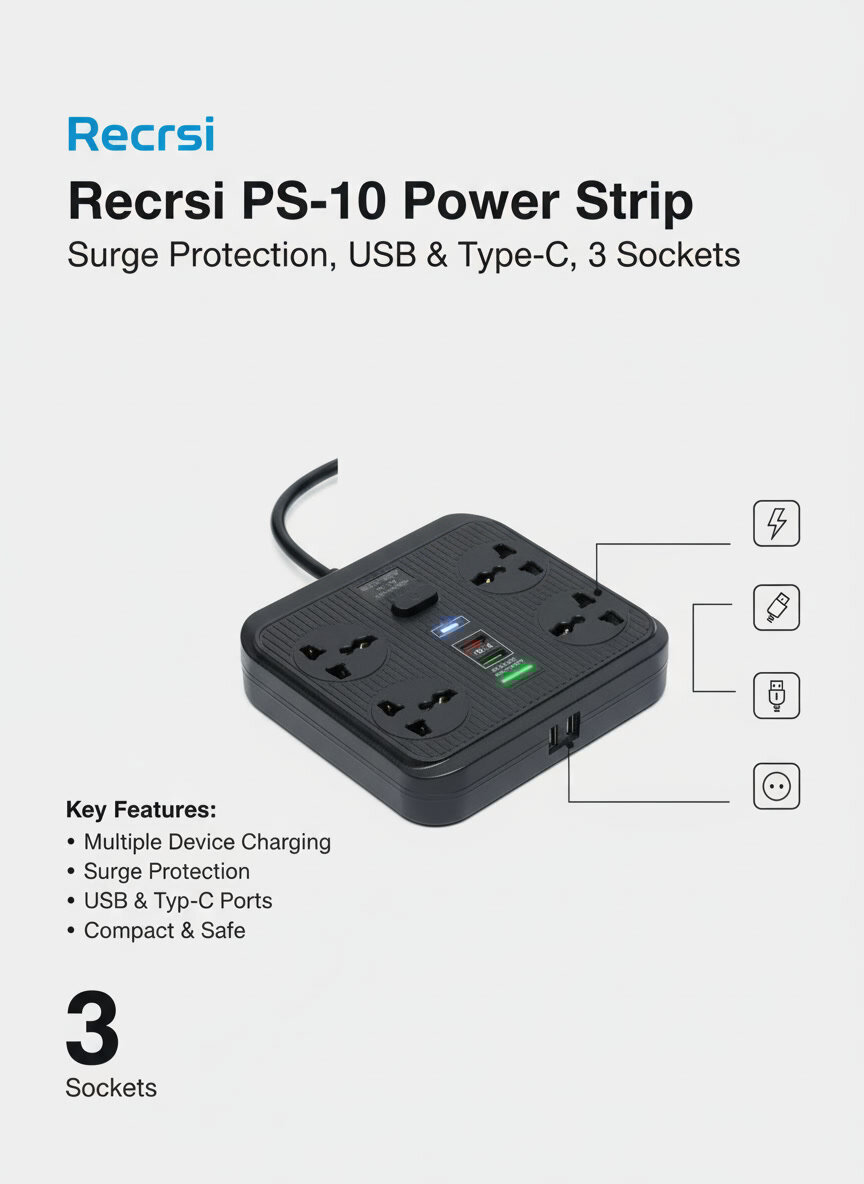 Удлинитель Recrsi "PS-10", с фильтром и USB/Type-C, 3 розетки