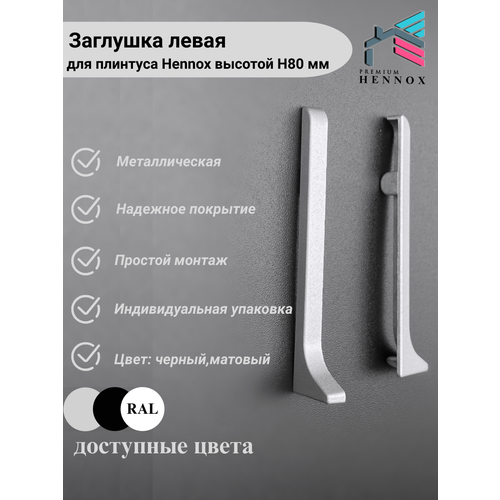 фото Заглушка левая алюминиевая для плинтуса h80, 2 шт, анодированное серебро (матовый) hennox