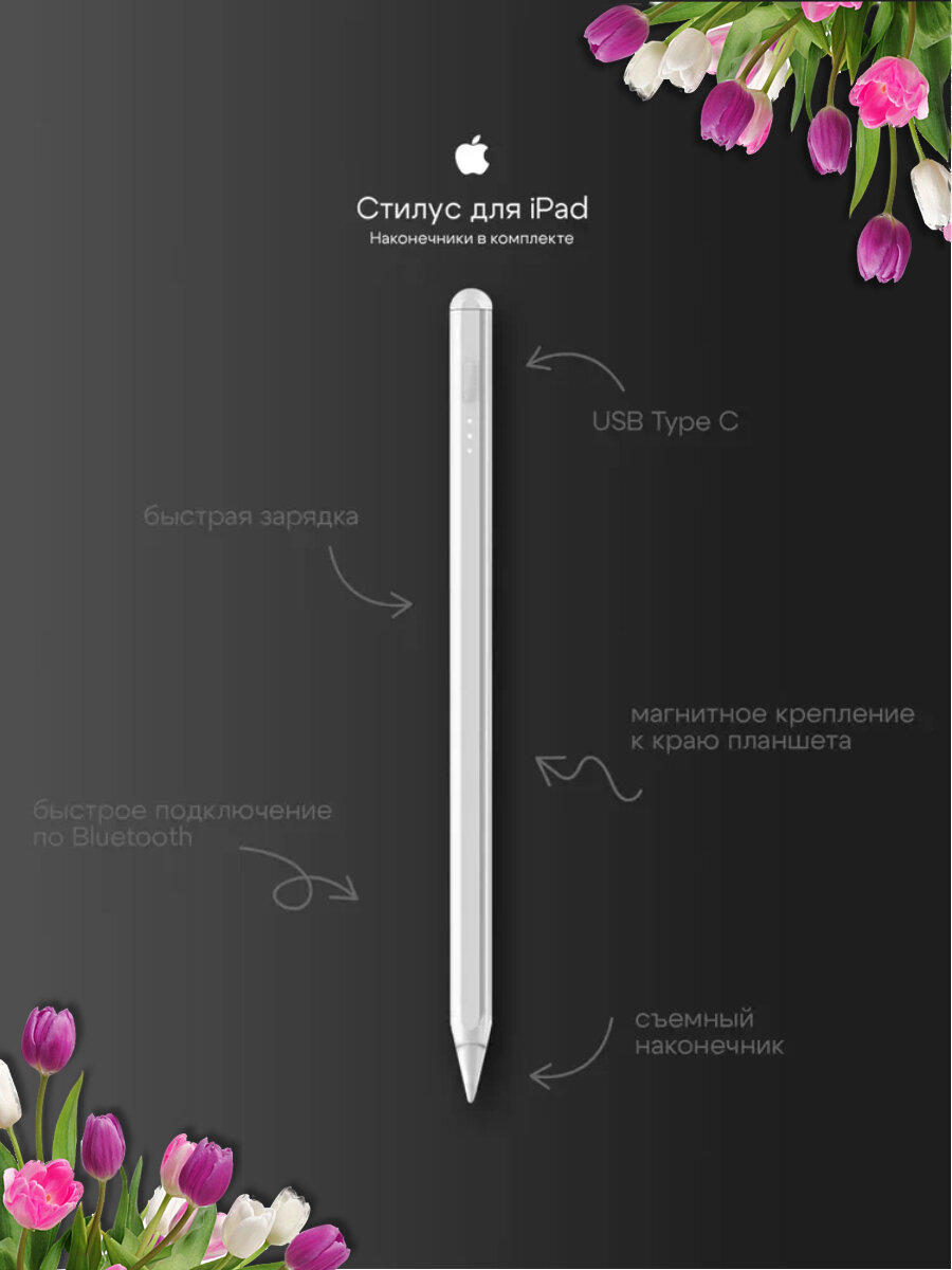 Стилус для iPad 2018, 2019, 2020, 2021, 2022 + 3 наконечника / Сенсорная ручка для планшета iPad