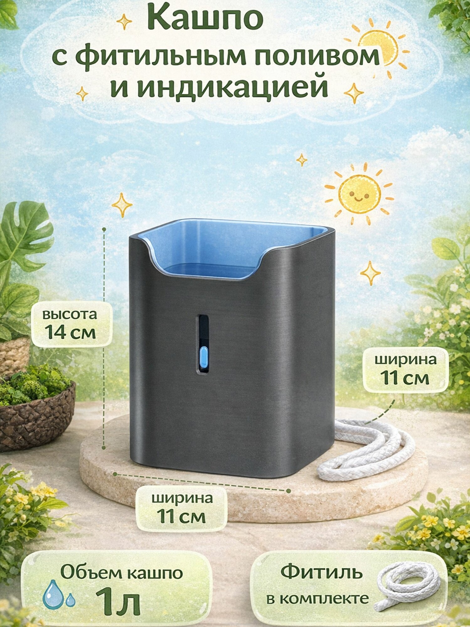 Кашпо с фитильным поливом и индикацией черно голубое, полный комплект