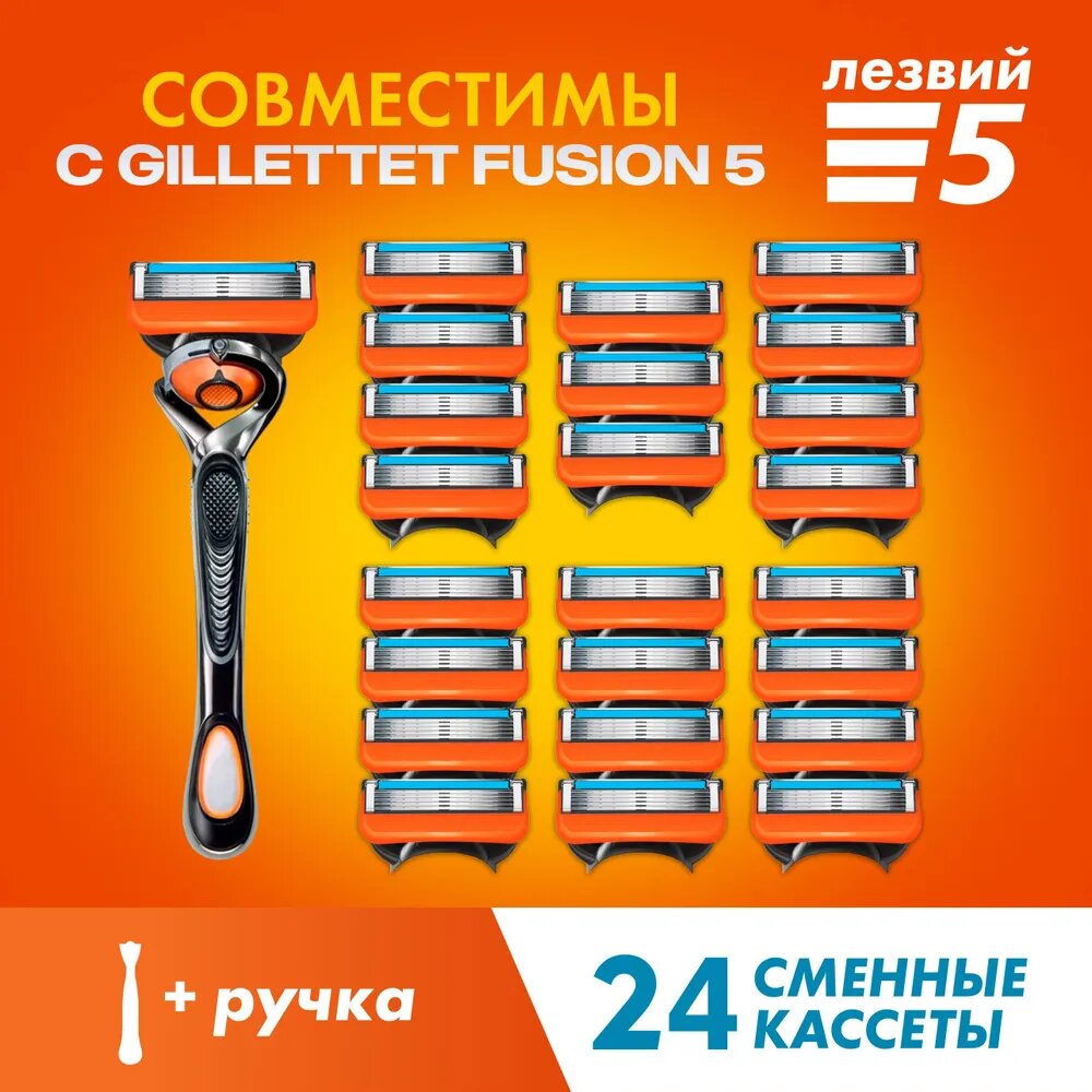 Бритвенный набор Men's Max 5 мужской, совместим со всеми бритвами, 1 станок + 24 сменные кассеты по 5 лезвий