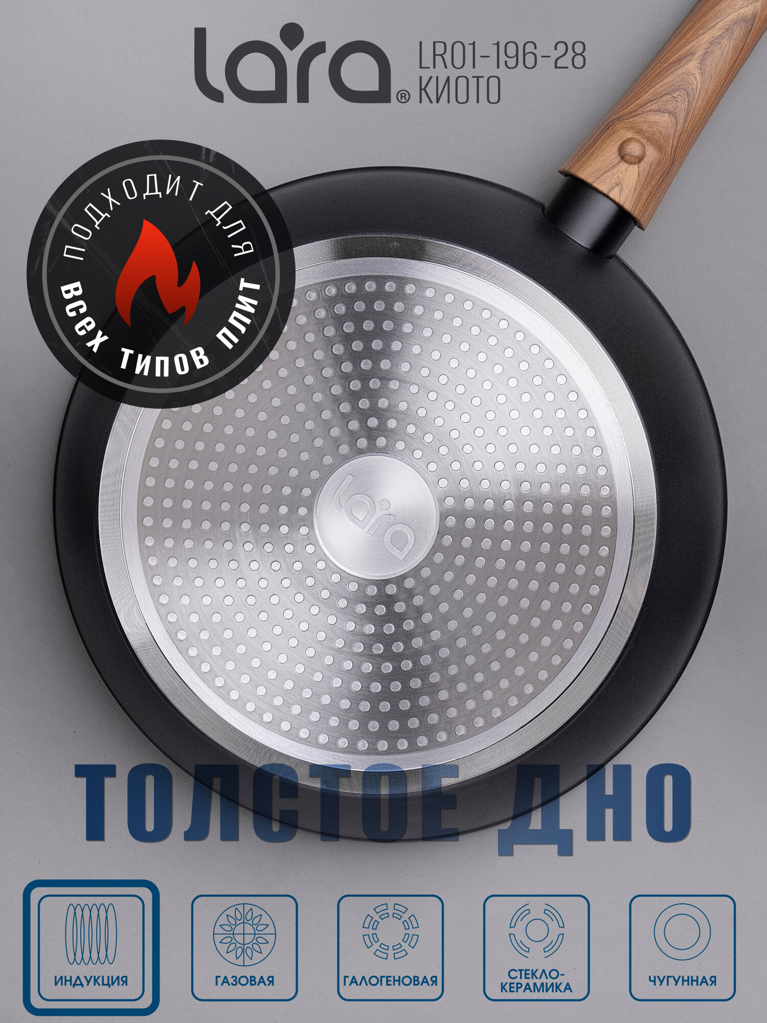 Вок для индукционной плиты LARA LR01-196-28 серия КИОТО съемная ручка Soft-touch, покрытие DAIKIN, c крышкой — фото 1