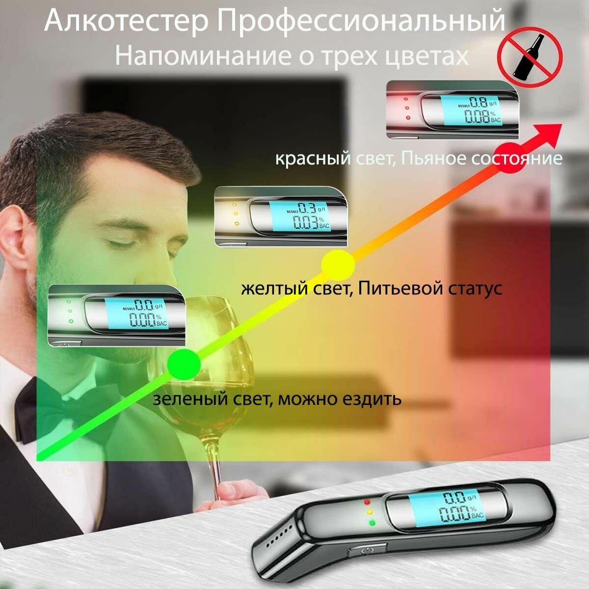 Изображение Алкотестер, бесконтактный, без мундштука, электрохимический датчик, USB-зарядка