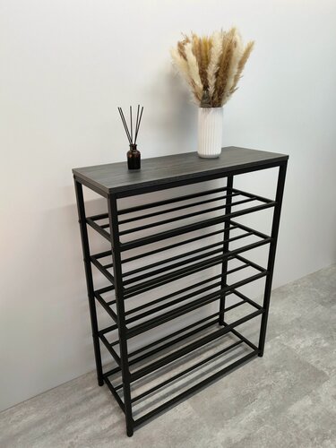 Изображение товара Обувница для прихожей "Мэйли" 5 полок / 66х30х98см / черный каркас - ЛДСП черное дерево