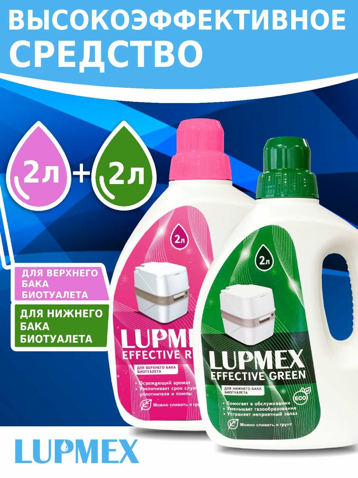 Набор жидкостей для биотуалета LUPMEX Effective Green / Rinse 2 + 2 л