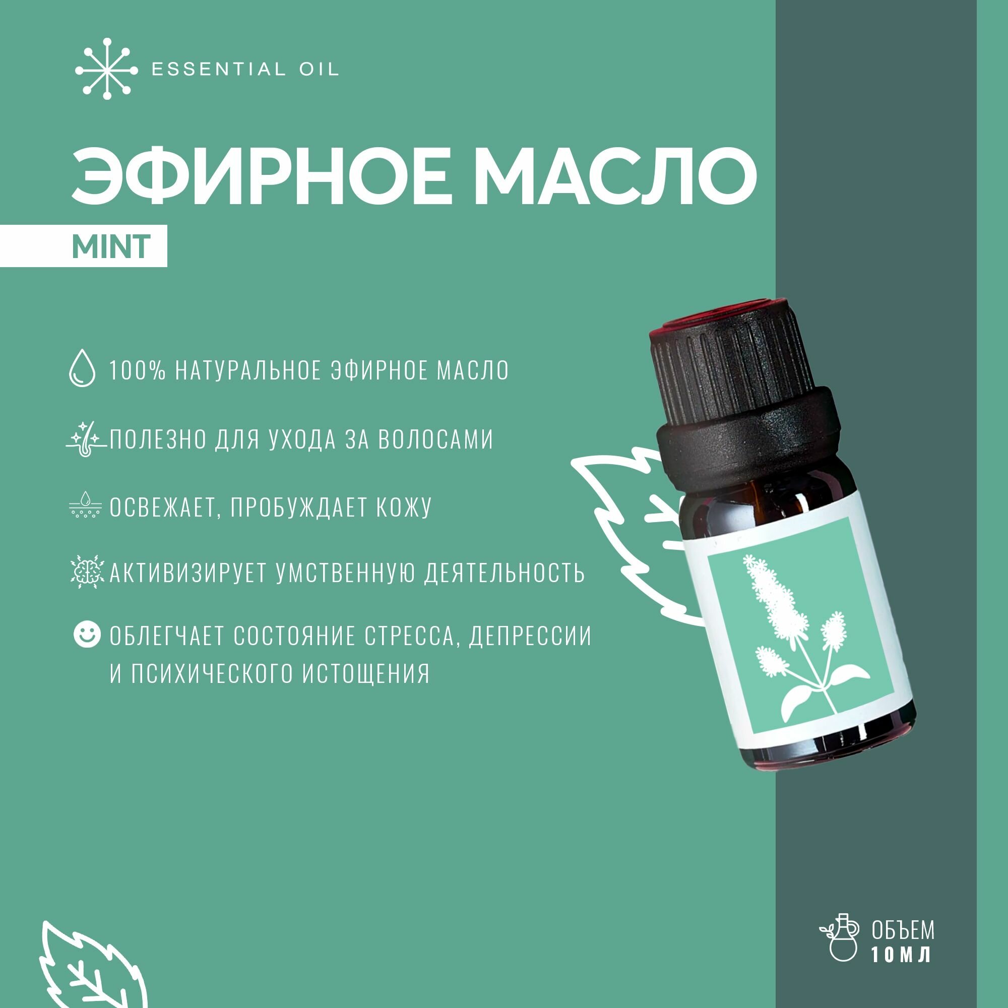 Эфирное масло Мяты Essential oil/ Ароматическое масло 10 мл/ Натуральное масло для ароматерапии. — фото 1