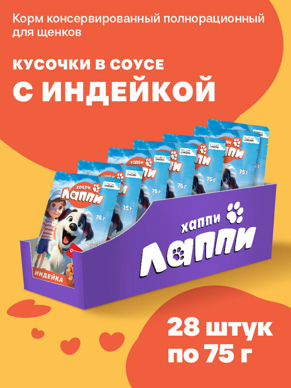 Влажный корм для щенков с индейкой. Хаппи Лаппи, кусочки в соусе с индейкой, 75 г * 28 шт