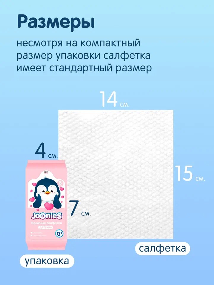 Влажные салфетки Joonies "Мини", для детей, 100 % хлопок 8x8 шт — фото 1