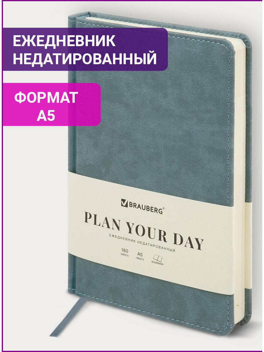 Ежедневник-планер (планинг) / записная книжка / блокнот недатированный А5 138х213 мм Brauberg Status под кожу 160 л серо-голубой 113365
