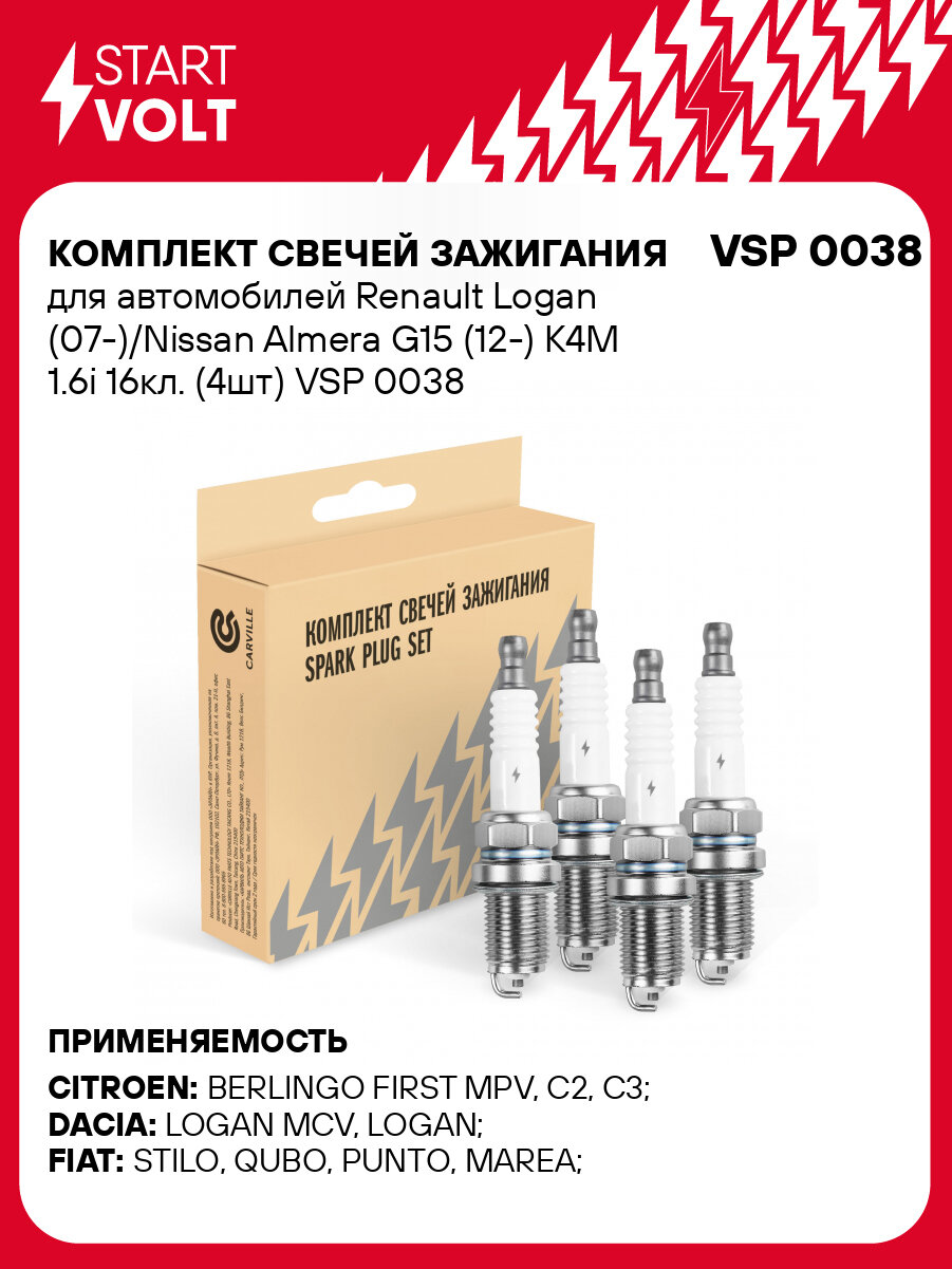 Комплект свечей зажигания для автомобилей Renault Logan (07-)/Nissan Almera G15 (12-) K4M 1.6i 16кл. (4шт) VSP 0038 StartVolt