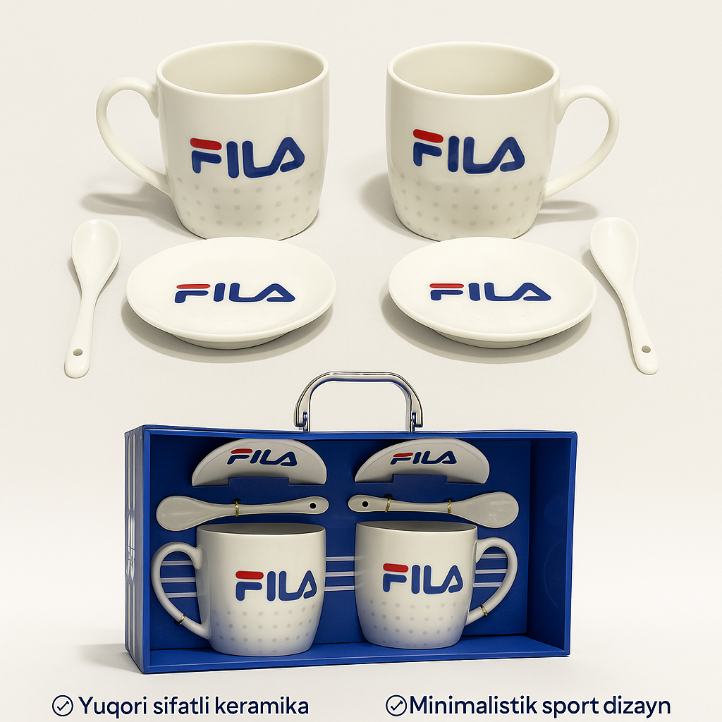 Набор керамических кружек FILA с ложками и блюдцами – 2 штуки