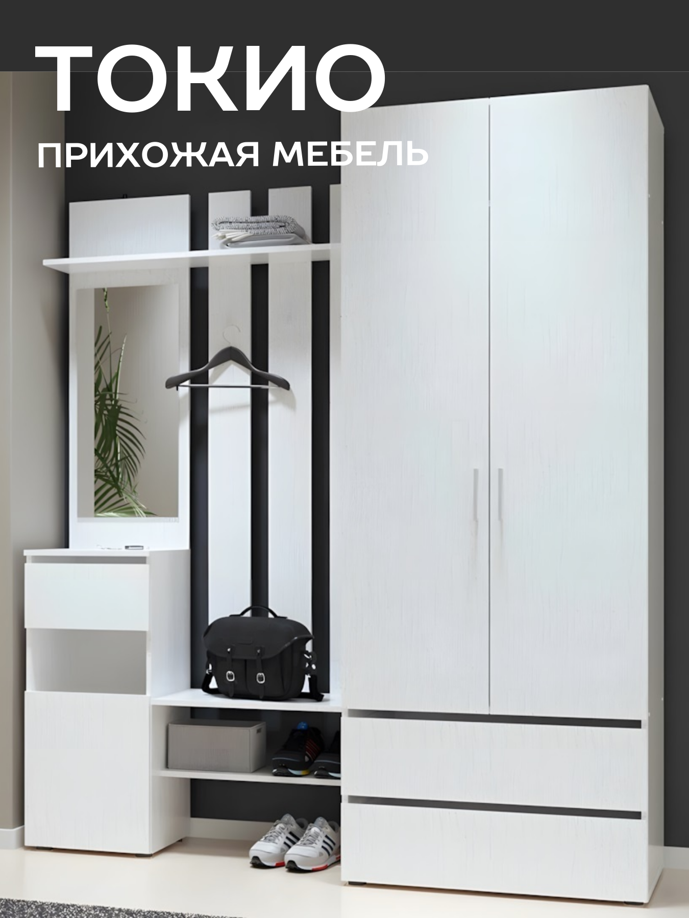 Прихожая мебель в коридор со шкафом Арника Токио Комплект 1 с зеркалом цвет белый