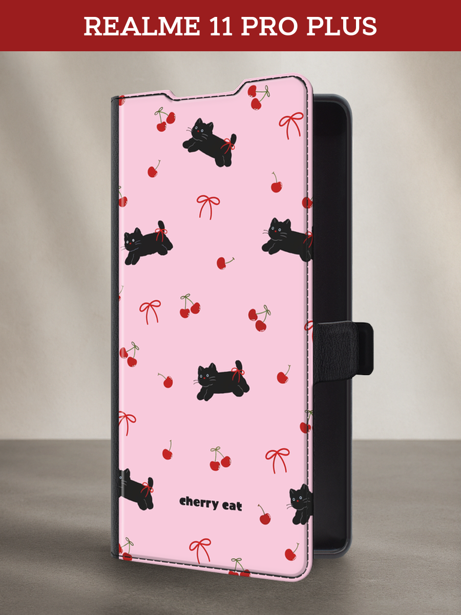 Чехол-книжка на Realme 11 Pro Plus / Реалми 11 Про Плюс с принтом cherry cat, черный