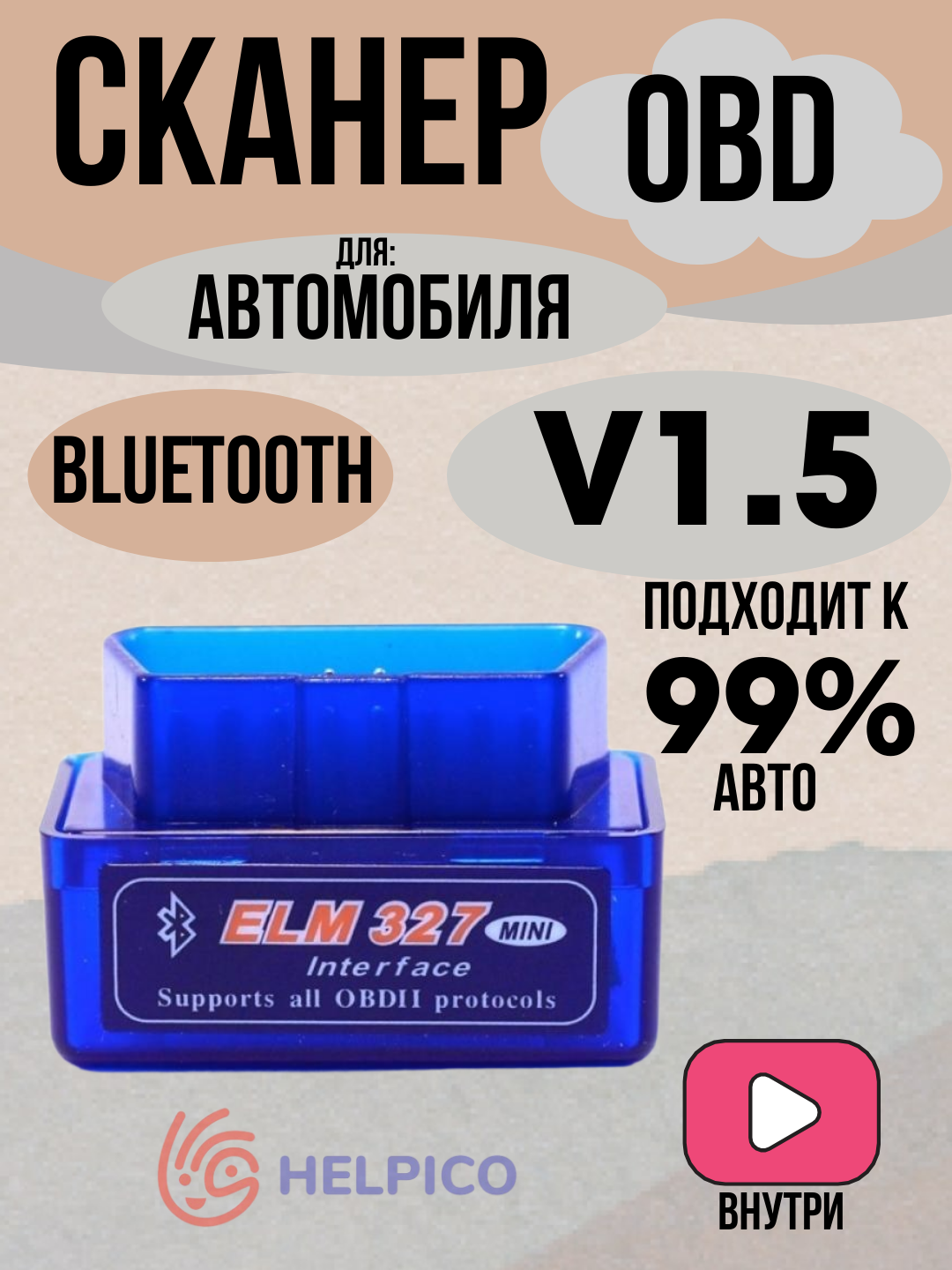 Автосканер ELM327 v 1.5 MINI Bluetooth OBD 2, обд адаптер для диагностики, проверки автомобилей, сброса ошибок