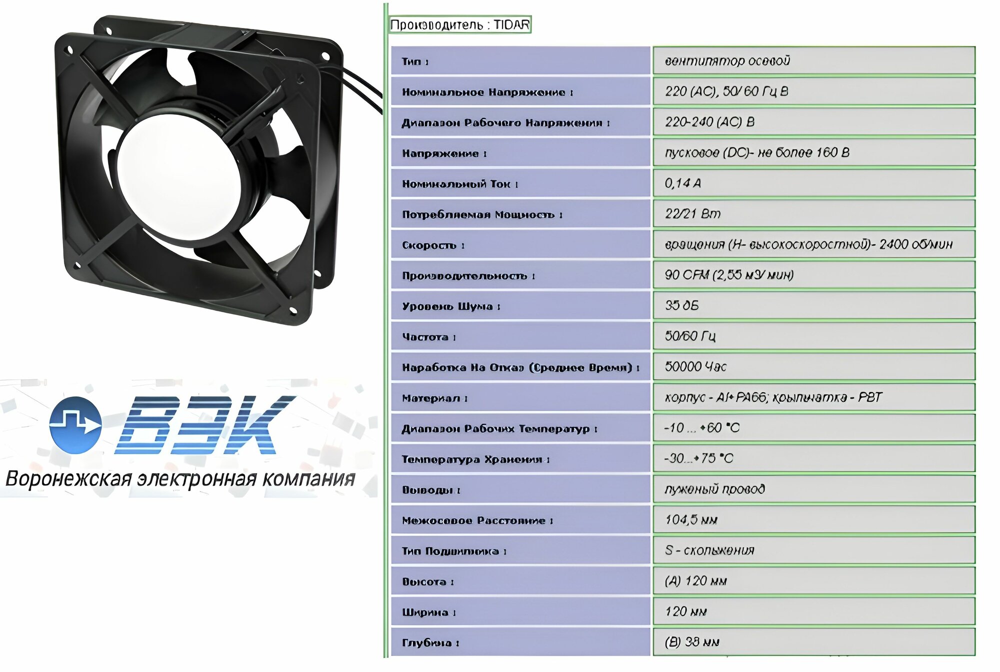 Вентилятор RQA 12038HSL 220VAC