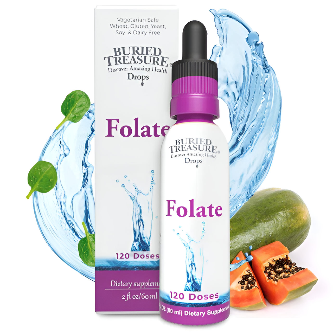 Капли Buried Treasure "Folate" Фолат B-9 поддержка здорового роста клеток, для обмена веществ