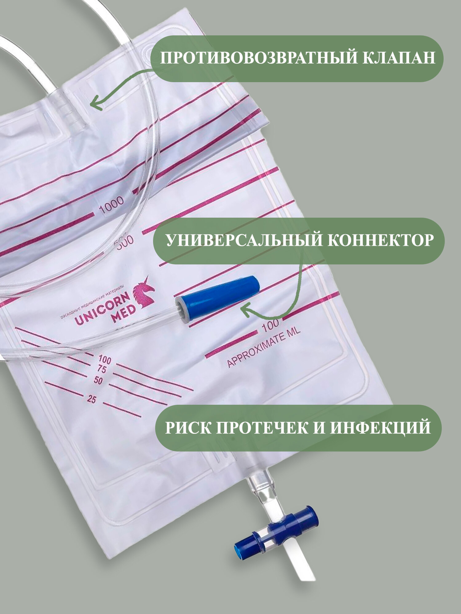 Изображение Мочеприемник прикроватный 1000 мл UnicornMed, с крестовым краном (5 шт.)