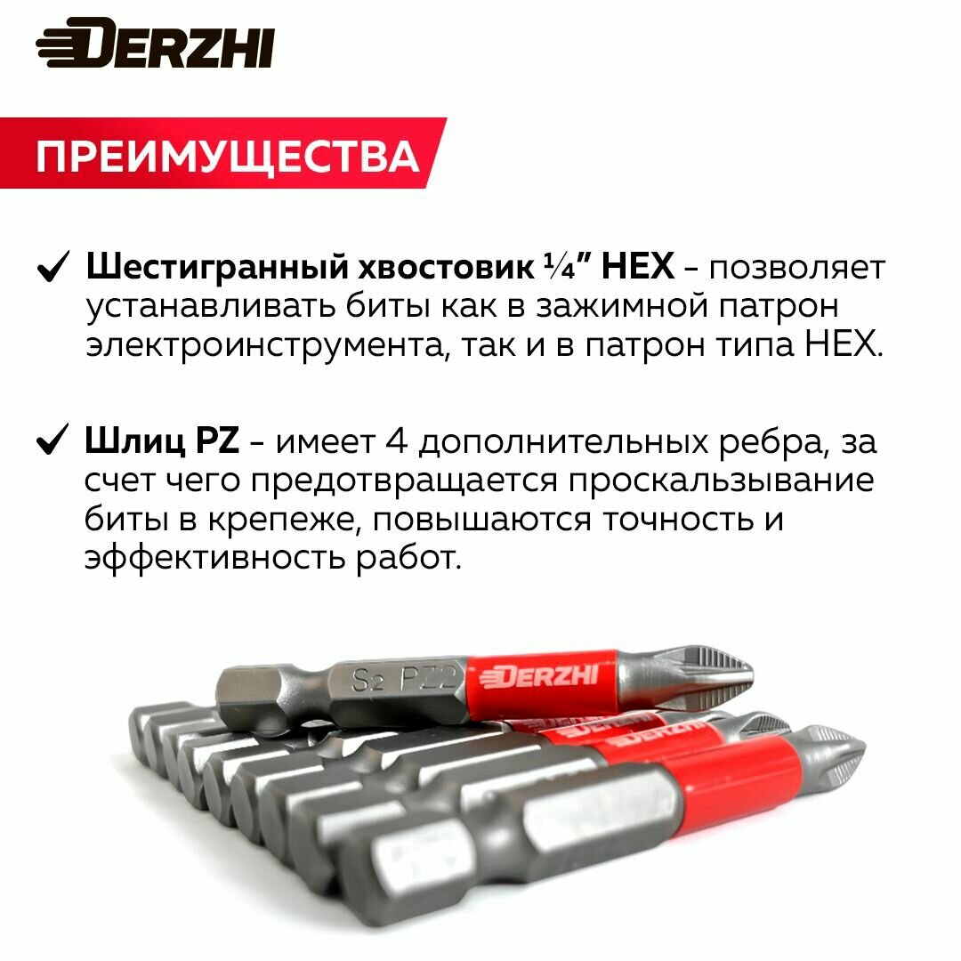 Биты для шуруповерта магнитные PZ2 L50 мм, набор бит 10 штук, Derzhi — фото 1