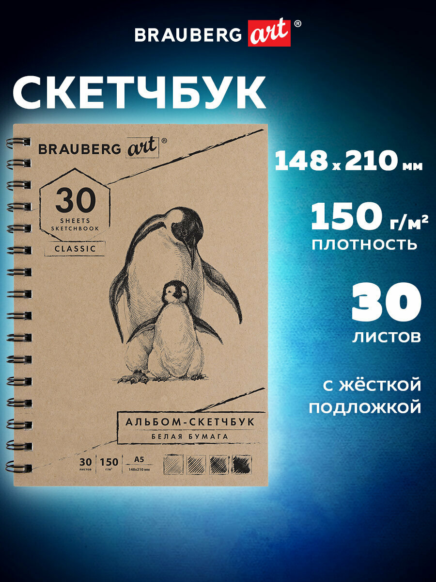 Блокнот Скетчбук для рисования эскизов белая бумага 150 г/м2, 148х210 мм, 30 л, гребень, Brauberg Art Classic, 128950