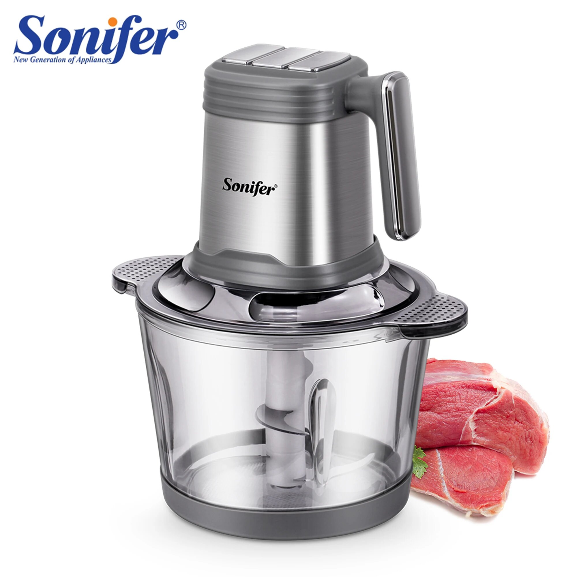 Измельчитель Sonifer SF-8108, автоблокировка, прорезиненные ножки, максимальная мощность 400, серый