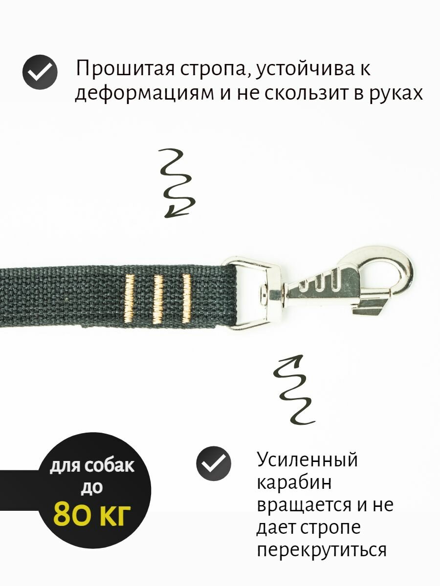 Поводок Хвостатыч для собак крупных пород PRO прошитый c карабином брезент 5 м х 25 мм (черный) — фото 1
