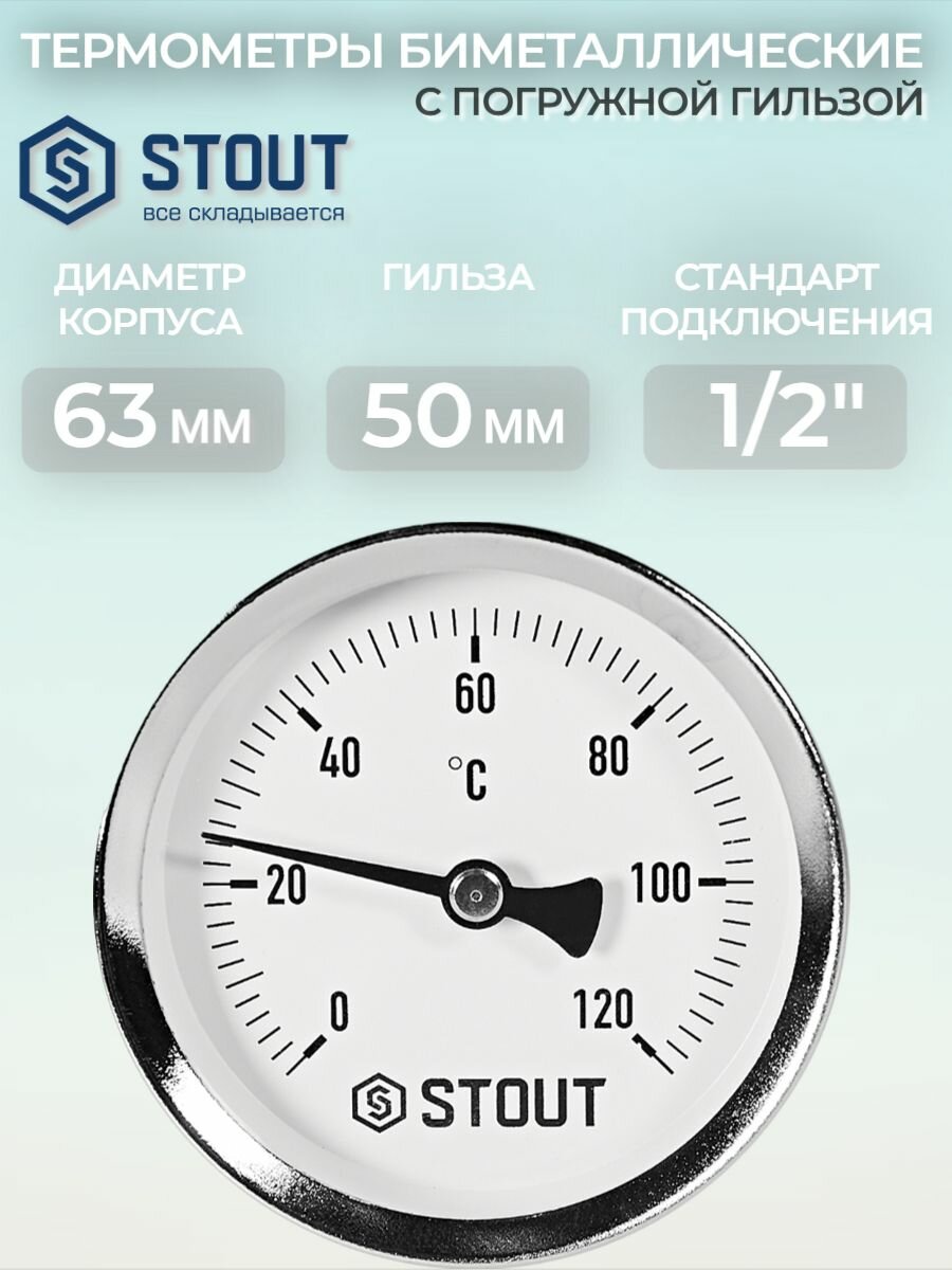 Термометр биметаллический STOUT с погружной гильзой корпус Dn 63 мм гильза 50 мм 1/2  0.120С