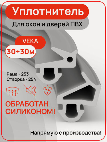 Изображение товара Уплотнитель для пластиковых окон ПВХ VEKA, рама+створка 253+254, цвет серый, 30+30 метров