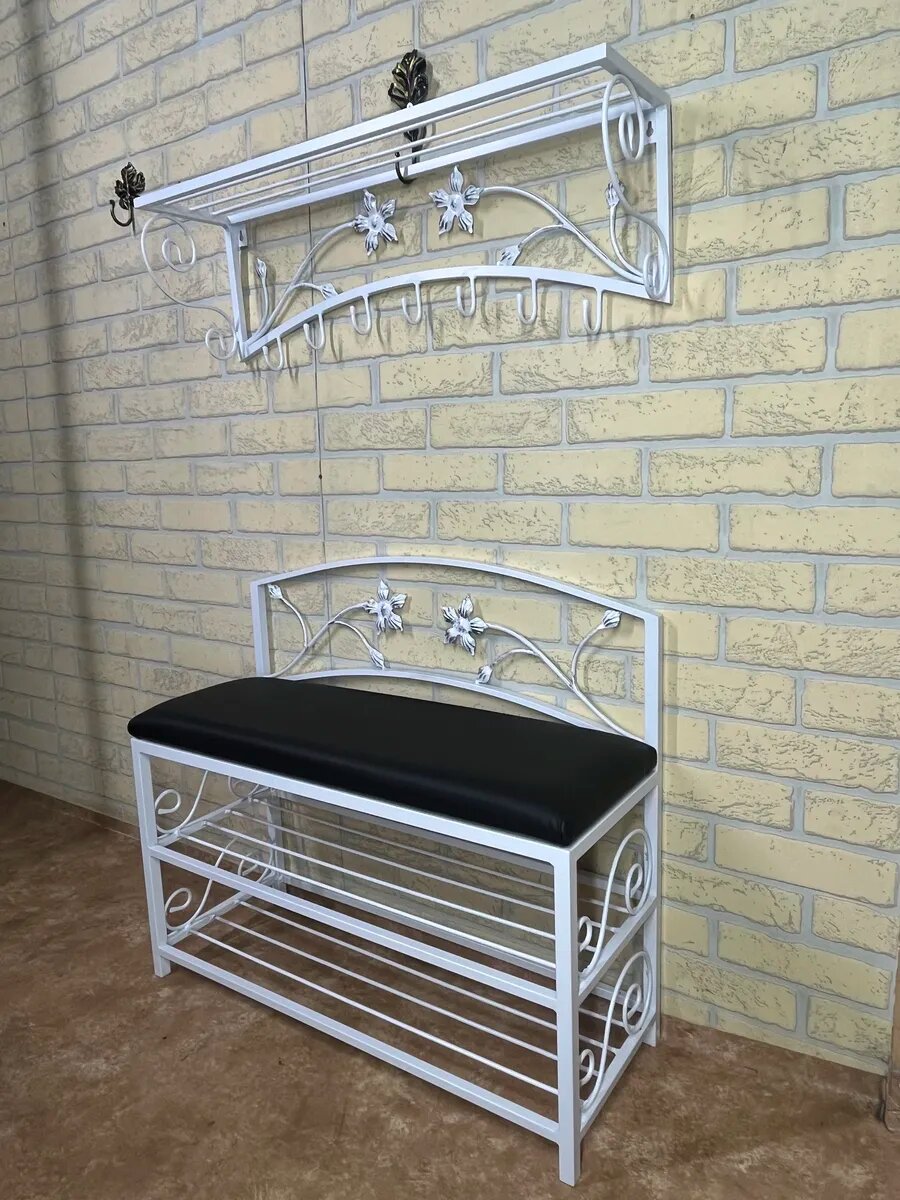 Кованая прихожая, вешалка + банкетка, Студия кованой мебели Нива, цвет белый/черный — фото 1