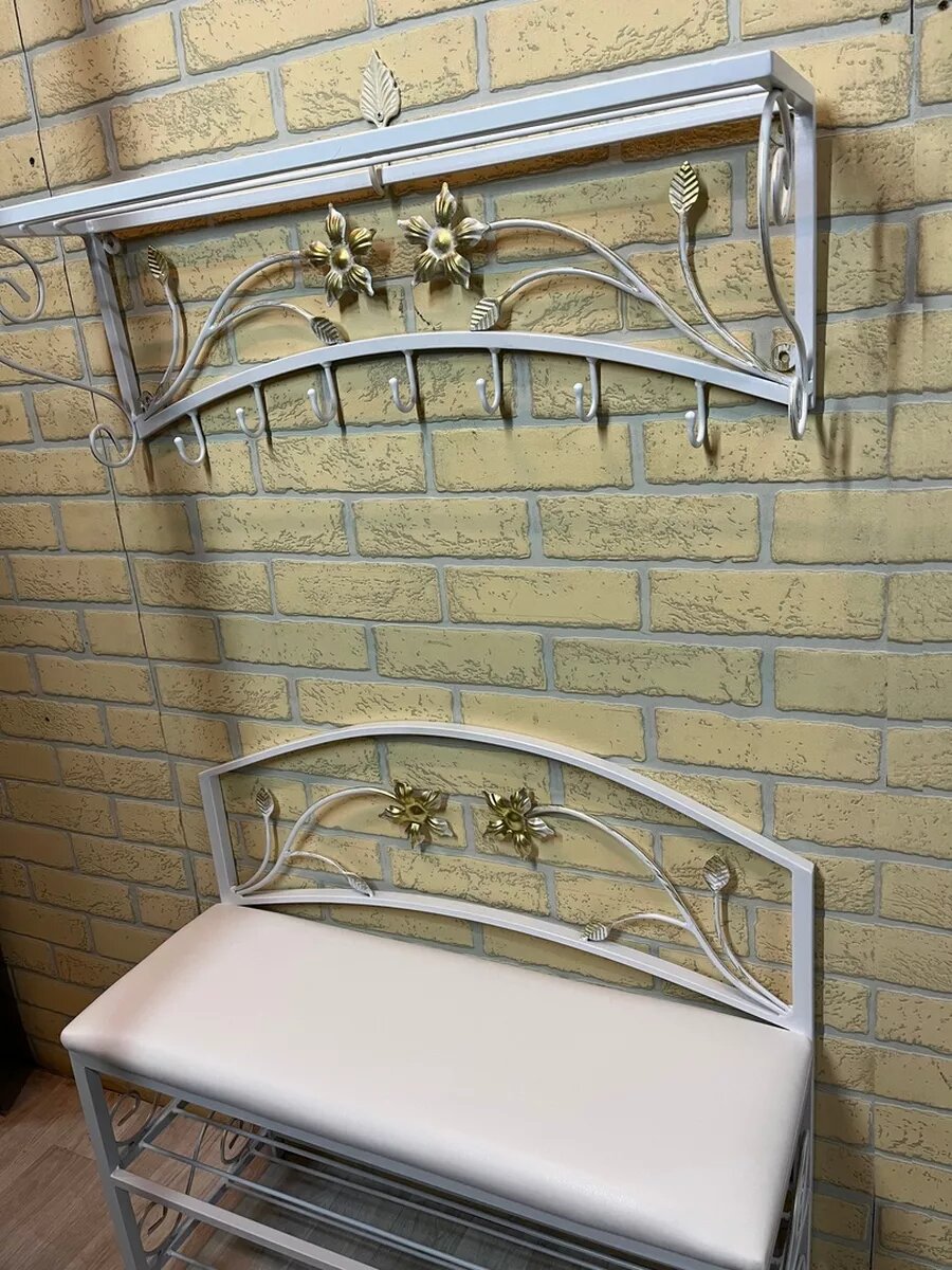 Кованая прихожая, вешалка + банкетка, Студия кованой мебели Нива, цвет белый/патина/бронзовый — фото 1