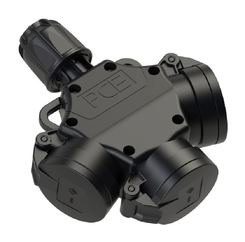 PCE Тройник из твердой резины 16A 250V 2P+E IP44 с подпружиненными крышками и индикацией 253642-sxs