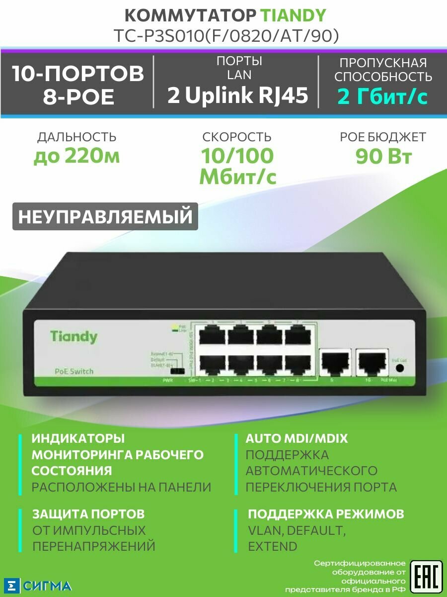 Коммутатор неуправляемый Tiandy TC-P3S010 F/0820/AT/90 10ти-портовый PoE 8хRJ-45 2хUplink
