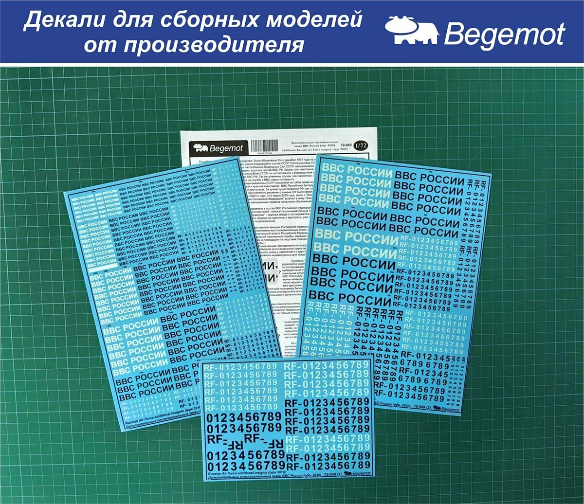72-049 Деколь (Декаль) Дополнительные опознавательные знаки (надписи) ВВС россии 1/72 (BEGEMOT)