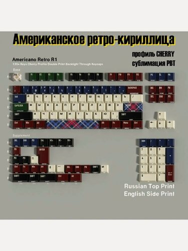 Изображение товара Кейкапы для механической клавиатуры PBT клавиши, тема<Американское ретро>, кириллица, профиль CHERRY, Двойная гравировка пропускания света