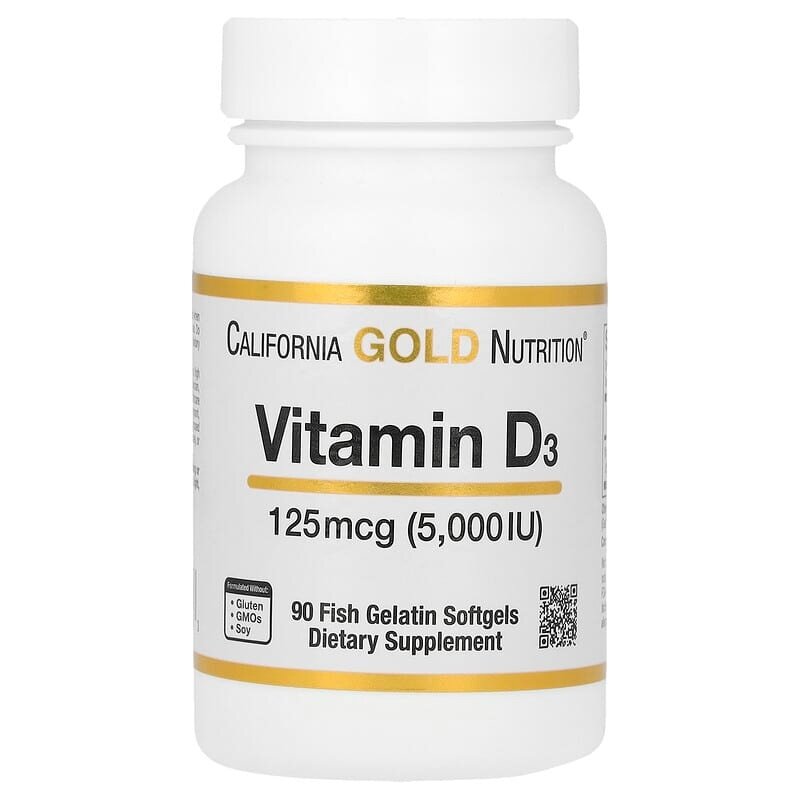 California Gold Nutrition, витамин D3, 125 мкг (5000 МЕ), 90 капсул из рыбьего желатина