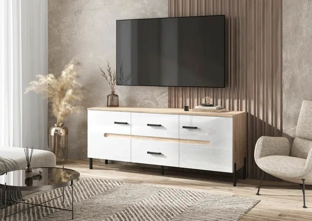 Тумба под телевизор Ким (металл) (Белый Глянец, Дуб Сонома)