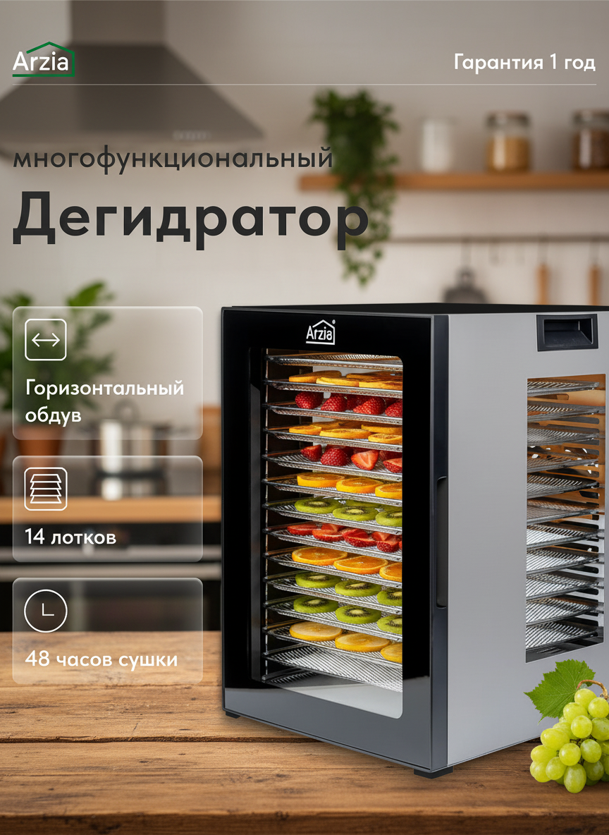 Дегидратор Arzia D02, конвекционный, серебристый, 14 поддонов