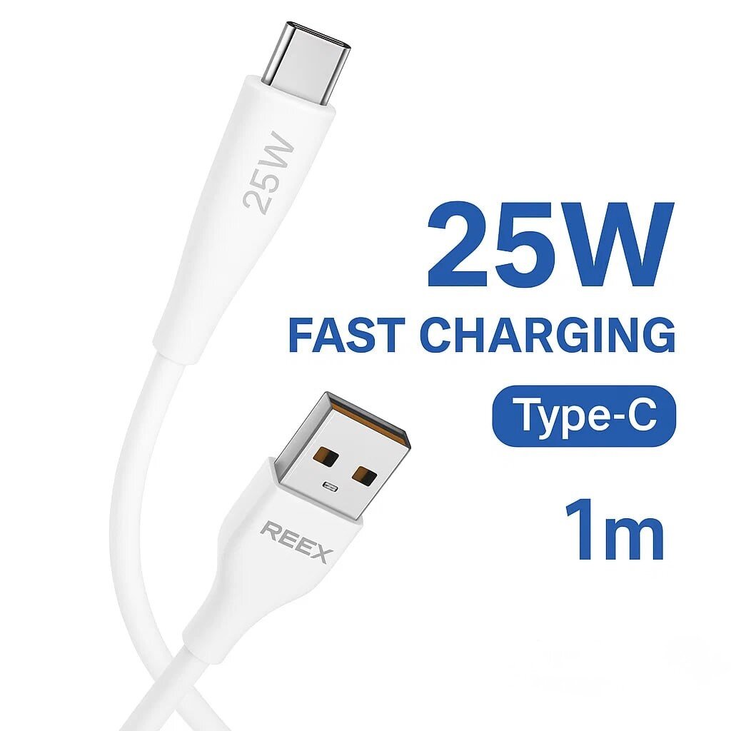 Кабель REEX RX-01T, Type-C, для быстрой зарядки, 25Вт, 1м, белый — фото 1