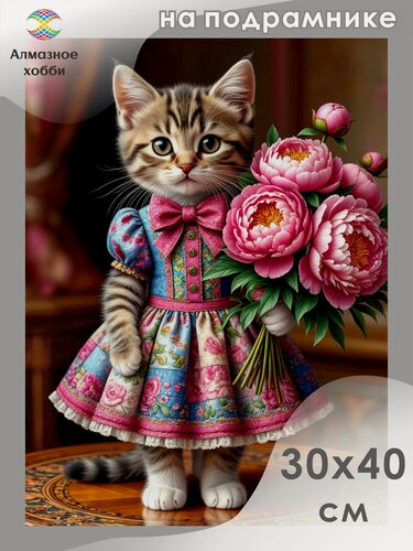 Изображение товара Алмазная мозаика на подрамнике Кошка в платье 30х40