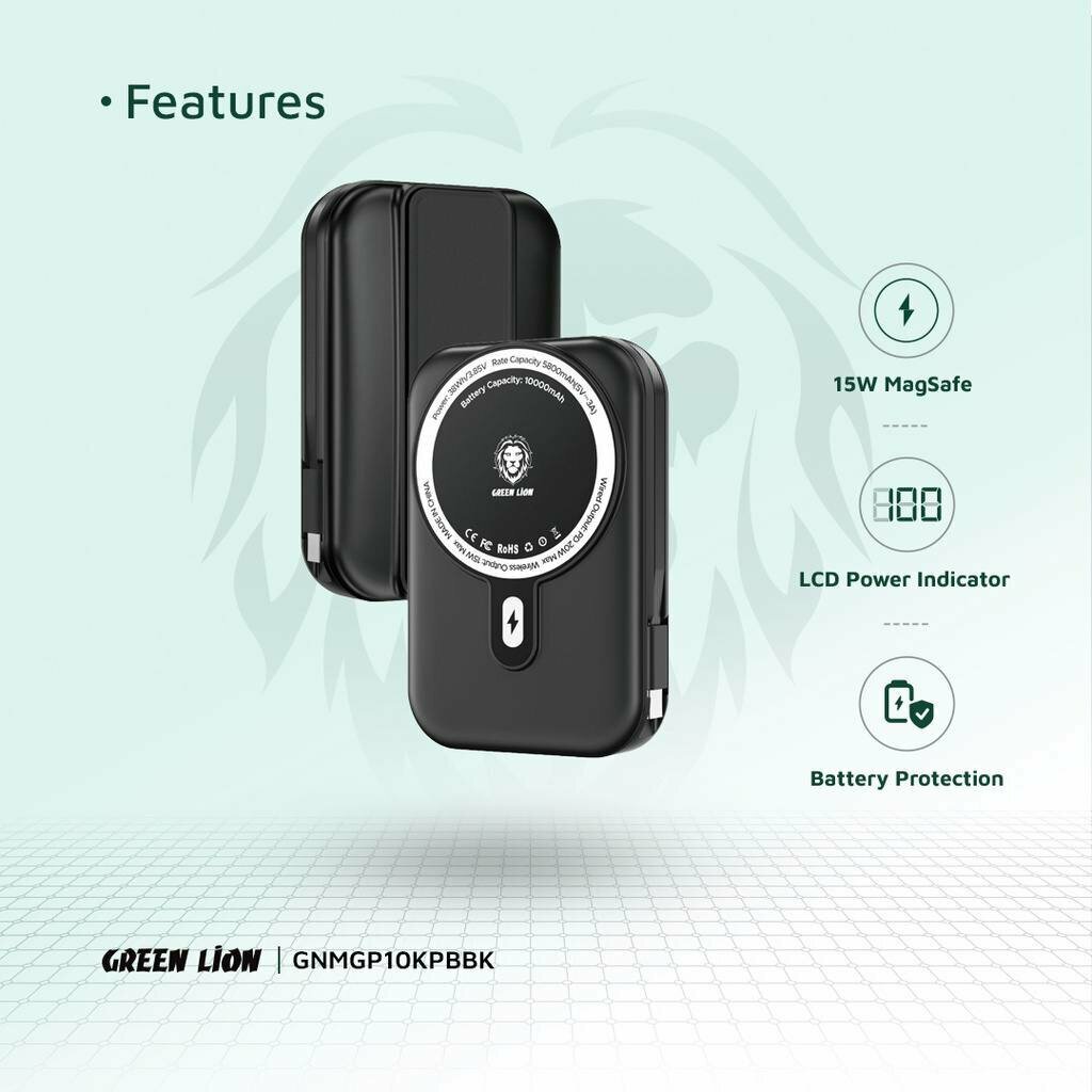 Green Lion Monaco MagSafe Power Bank 10000 мАч — беспроводное зарядное устройство, встроенный кабель Type-C