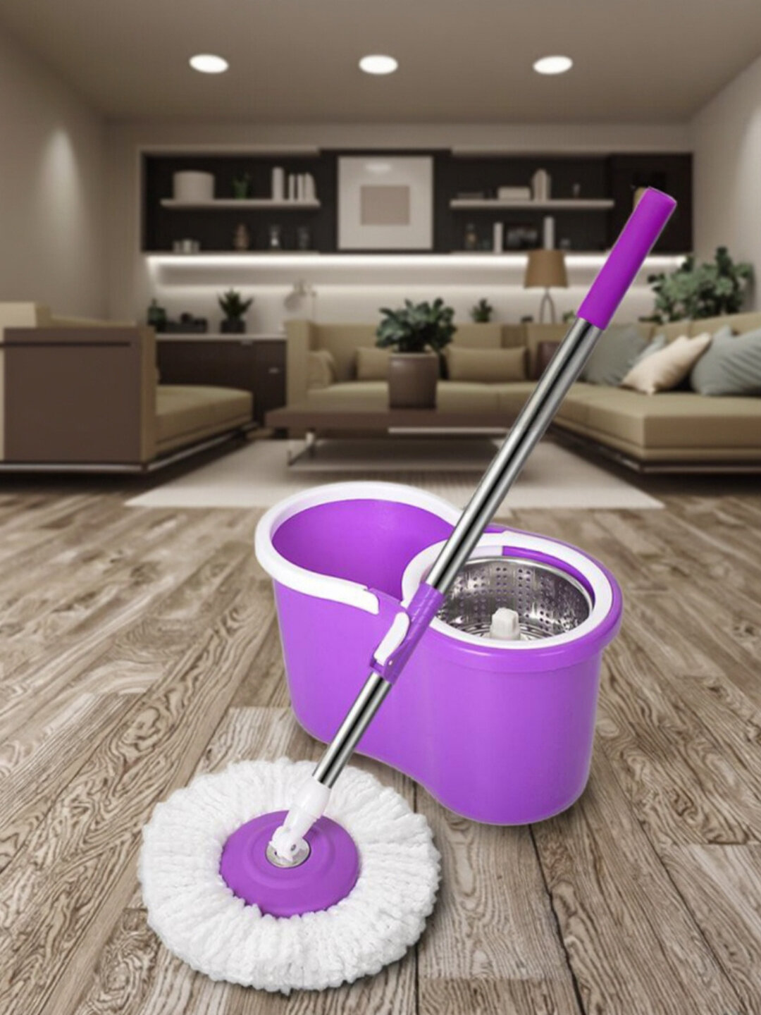 Швабра с отжимом и ведро для мытья полов 2 в 1, две насадки в наборе, (сиренивый)