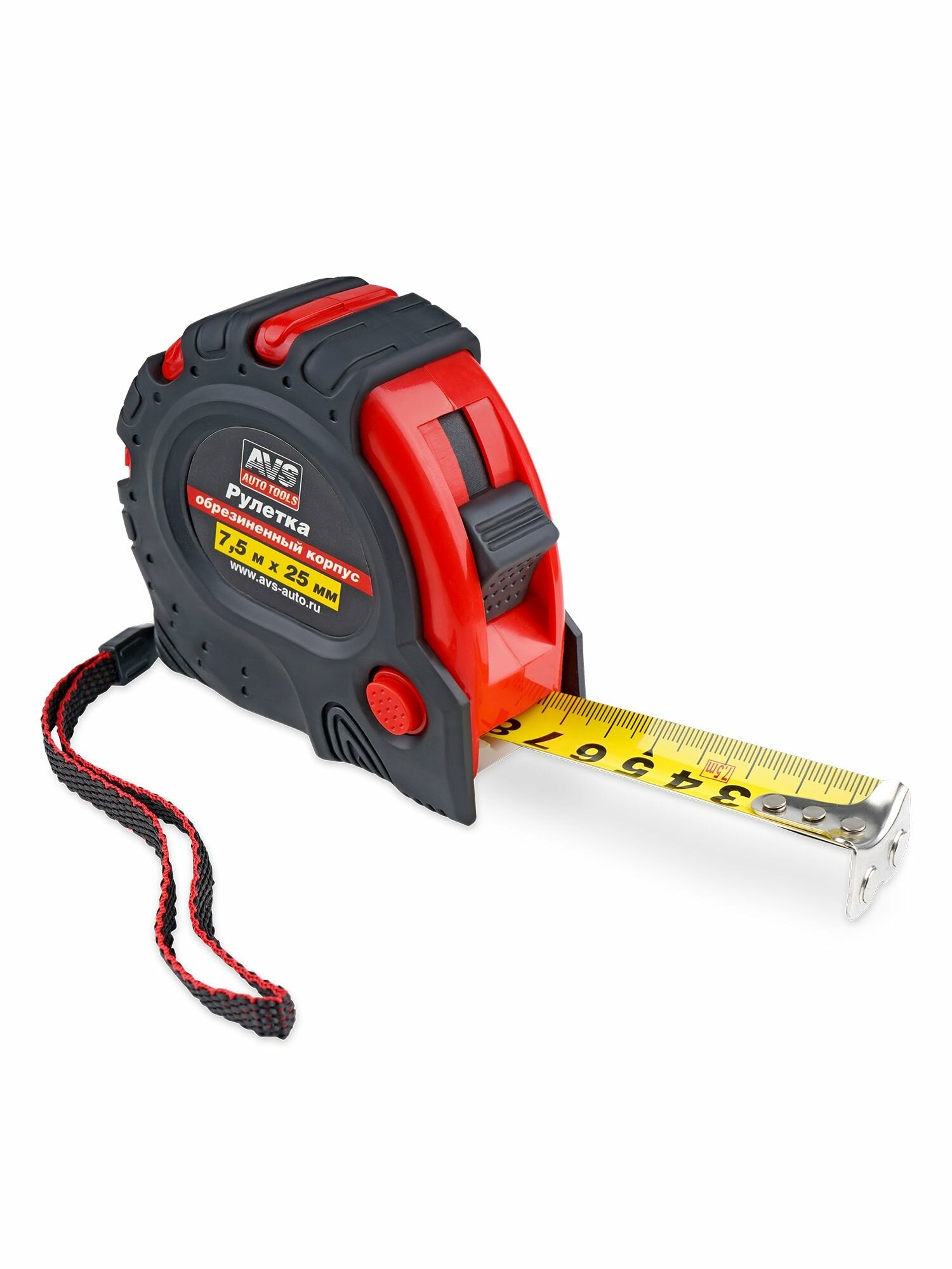 Рулетка 75м х 25мм обрезиненный корпус 3 фиксатора магнитный зацеп AVS (A40468S)