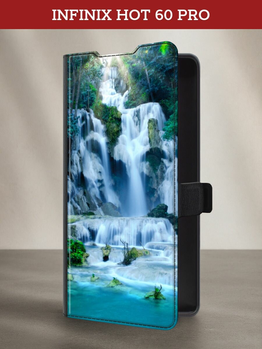 Чехол-книжка на Infinix Hot 60 Pro Plus / Инфиникс Хот 60 Про Плюс с рисунком водопад 8, черный
