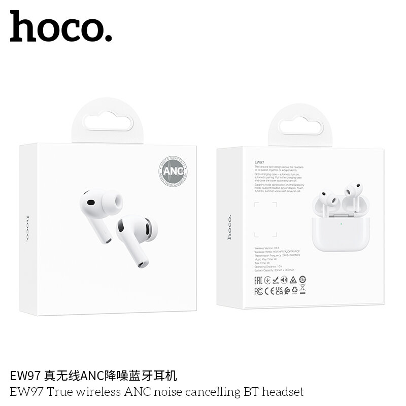 Hoco EW97 (форм-фактор AirPods Pro 3 ANC), Bluetooth 6.0, ANC, Transparency, ENC