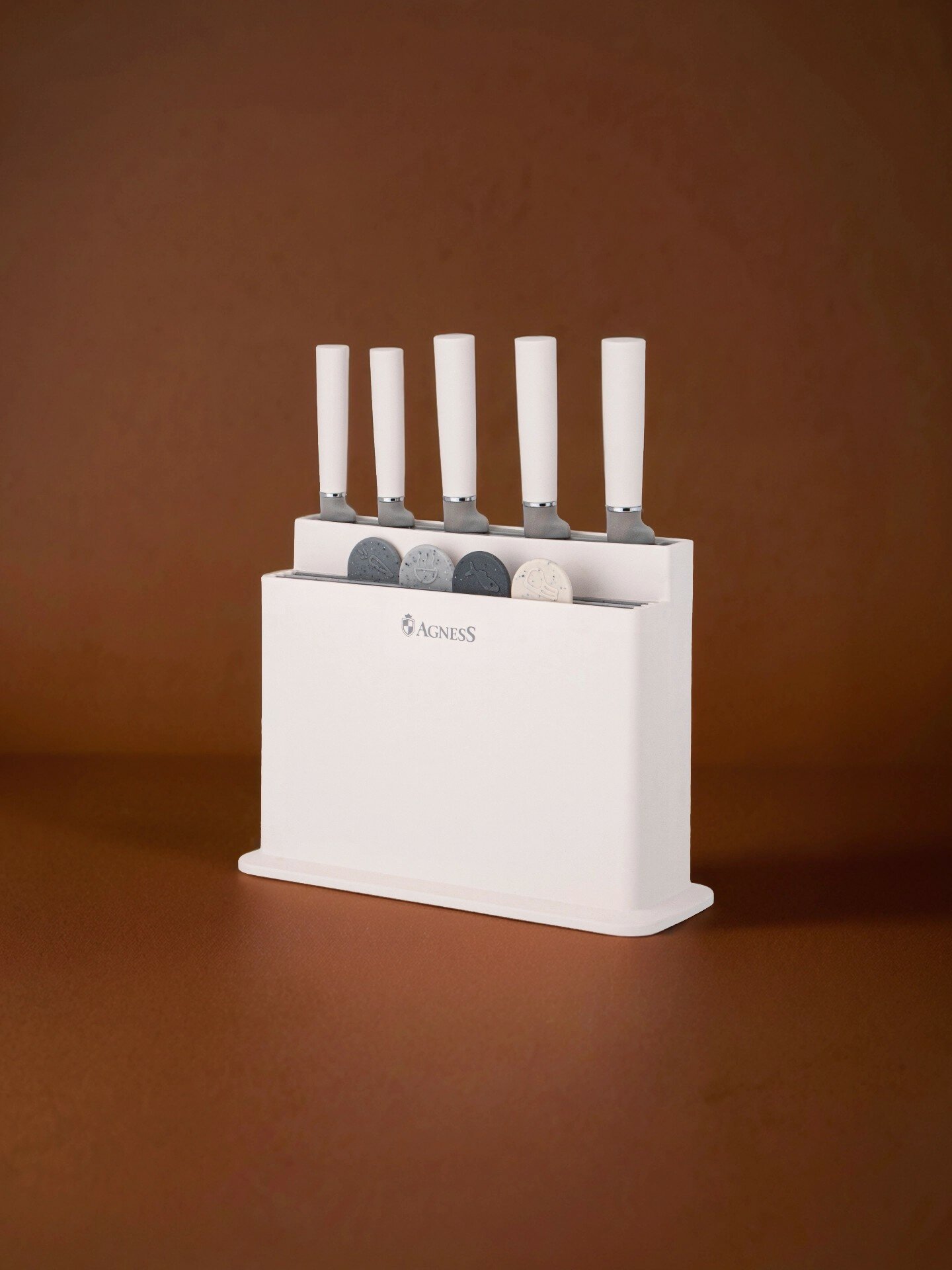 Набор кухонных ножей AGNESS, набор 10 предметов: 5 ножей, 4 доски, подставка, бежевый