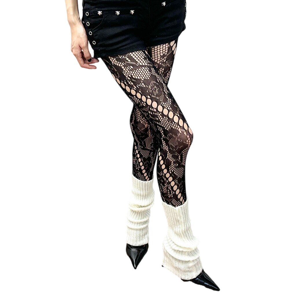 Винтажные кружевные колготки в сеточку с цветочным рисунком и саржевыми точками, колготки для женщин