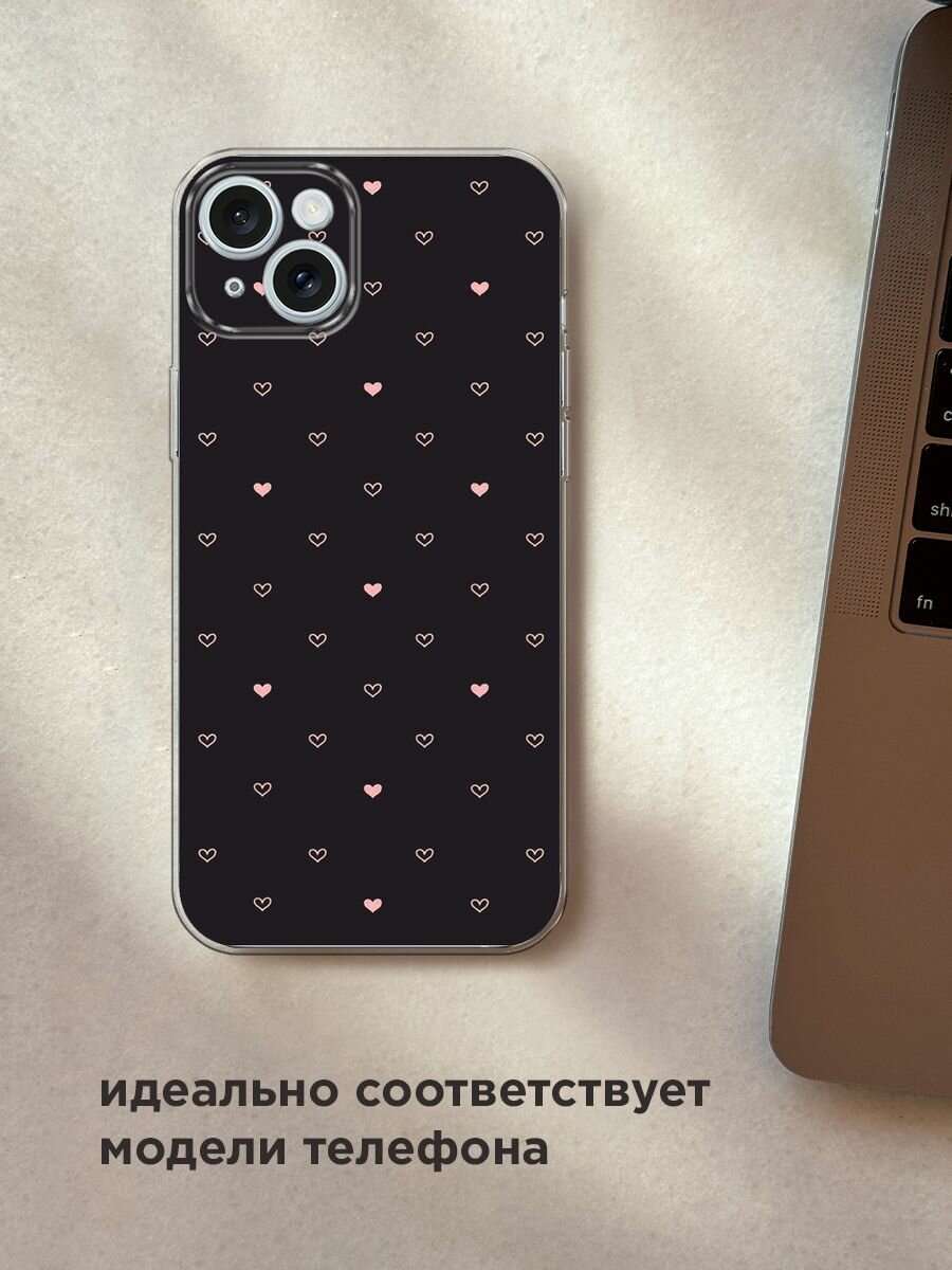 Чехол на Apple iPhone 15 Plus / Айфон 15 Плюс с принтом "Черный фон и сердечки" — фото 1