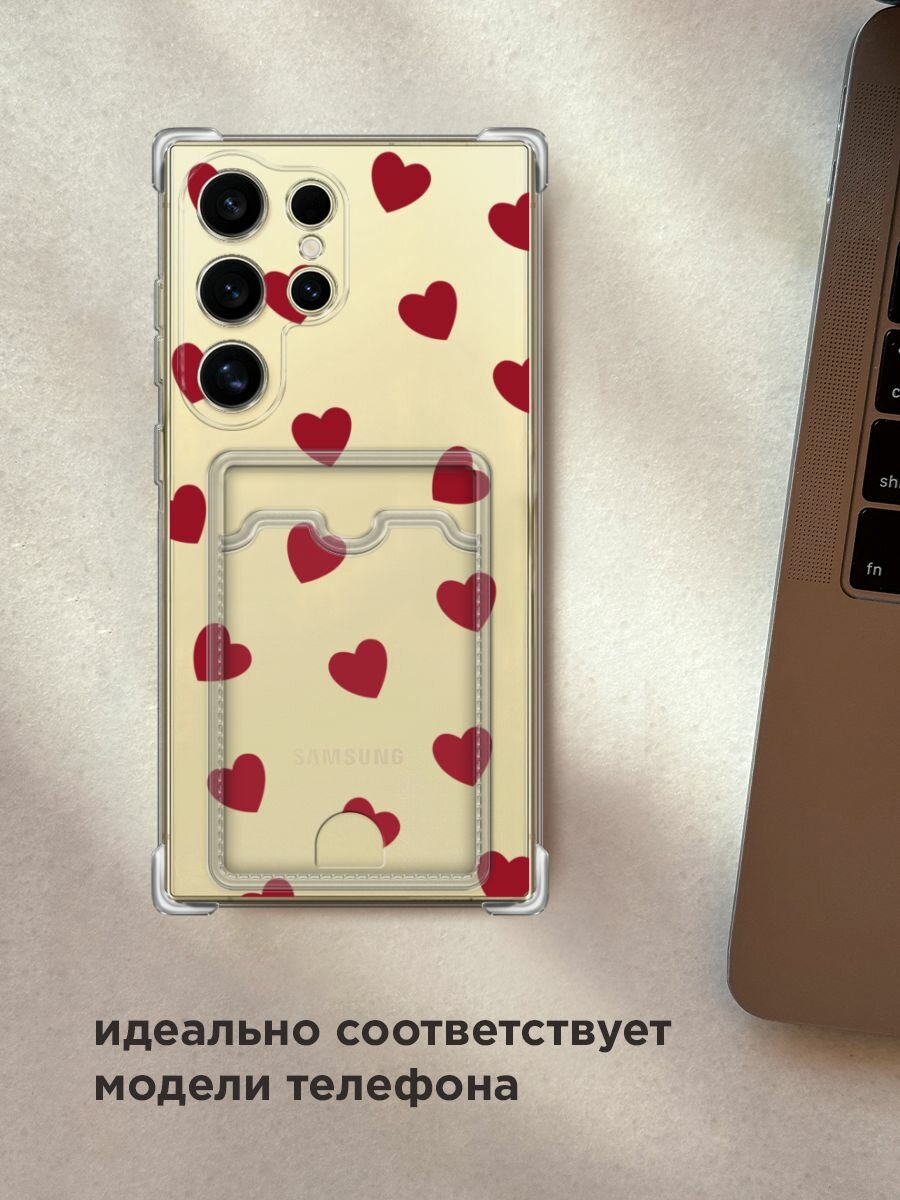 Чехол на Samsung Galaxy S24 Ultra (Самсунг S24 Ultra) с картой и принтом "Бордовые сердечки паттерн" — фото 1