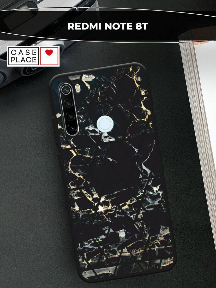 Черный матовый чехол на Xiaomi Redmi Note 8T / Сяоми Редми Нот 8Т с принтом "Черный мрамор с узорами треугольниками"