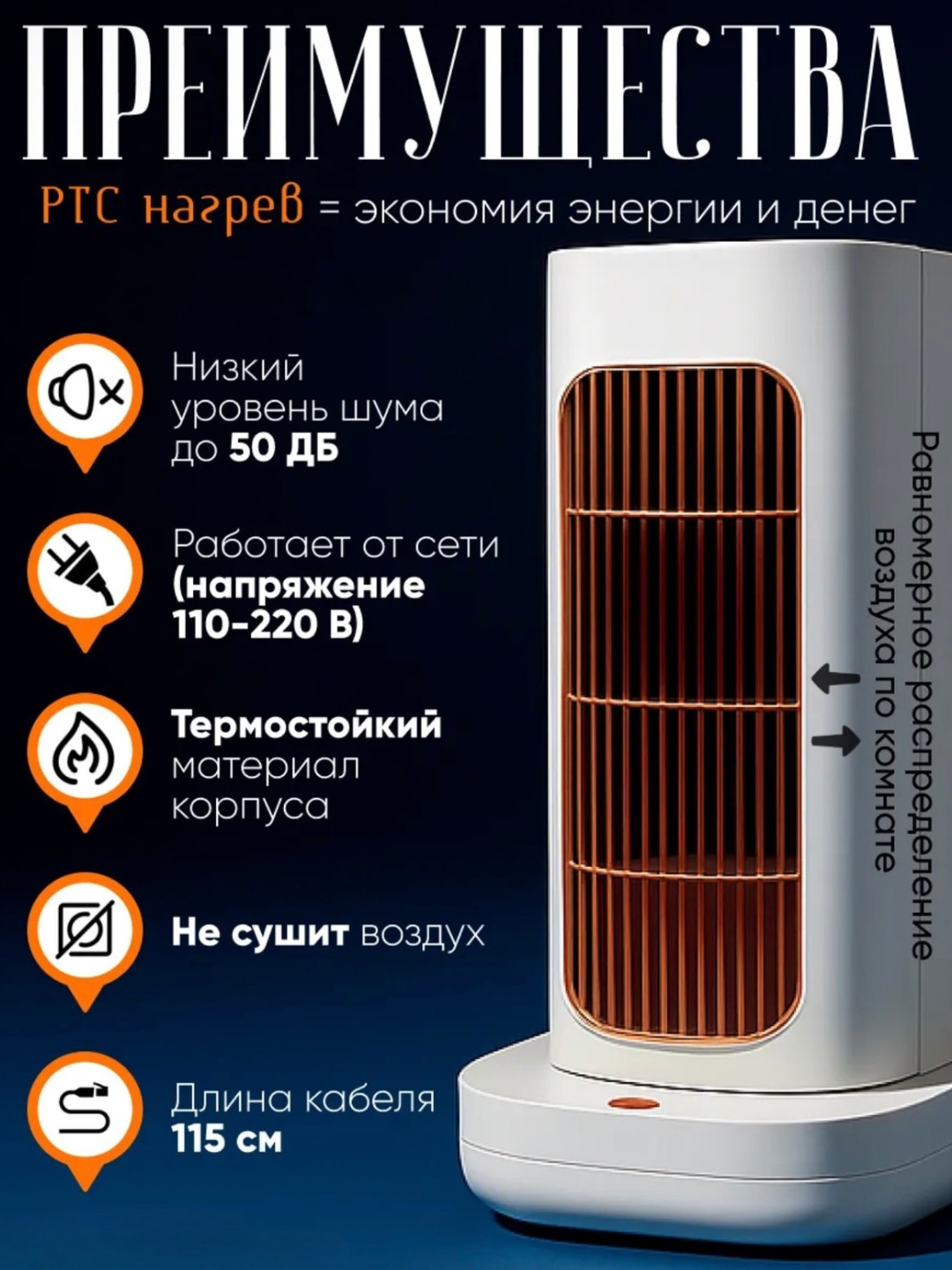 Обогреватель Air Heater, керамический элемент, 1300Вт, 3 режима, шум до 50дБ — фото 1